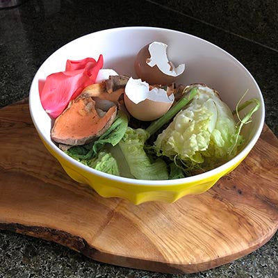 Vegetable and fruit scraps in a bowl. They can be composted easily with the Dig & Drop Method. Works great in a vegetable garden maintained by Tertill the weeding robot.